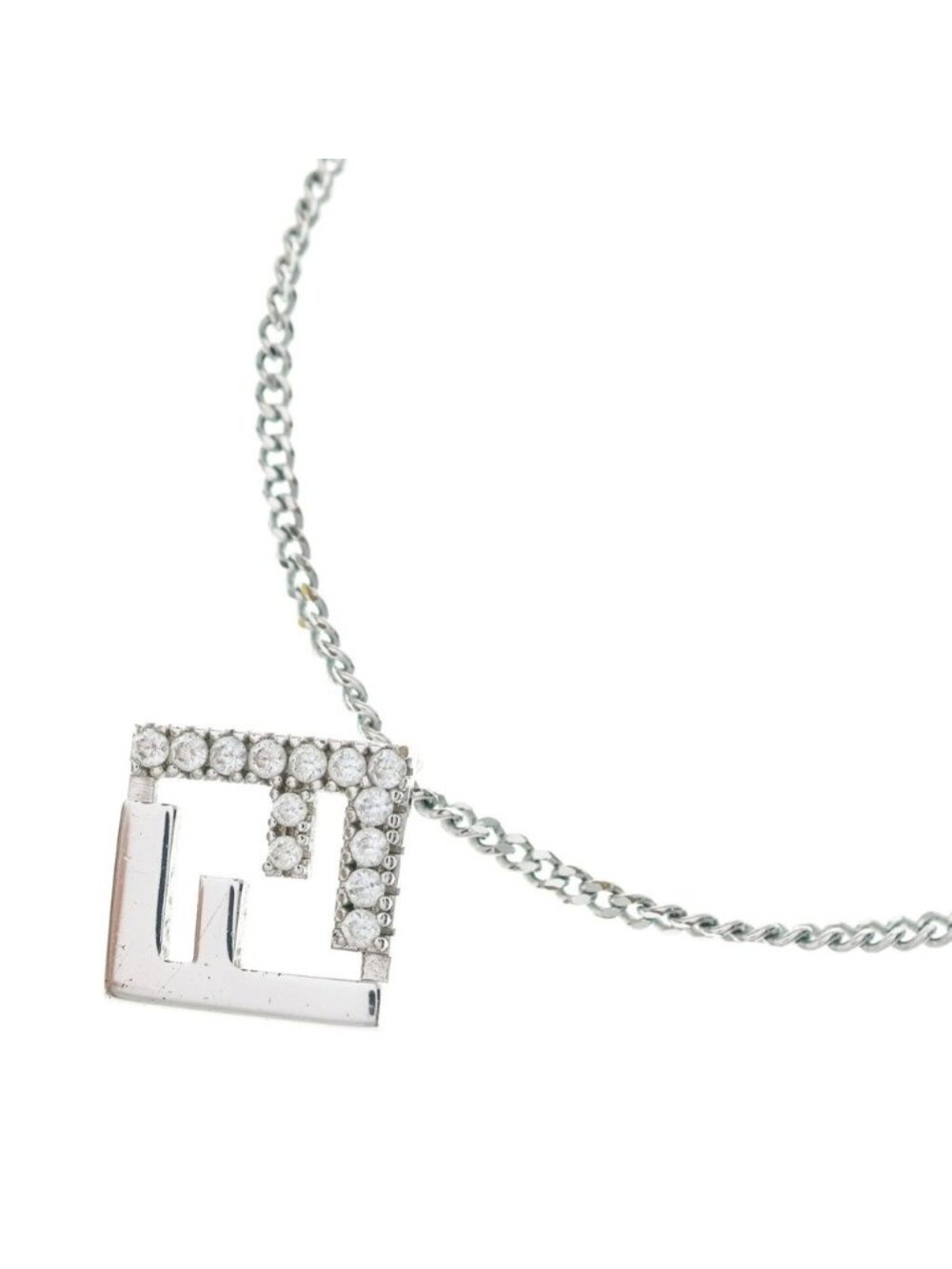 Fendi Forever FF Logo Rhinestone Chain Necklace Silver
